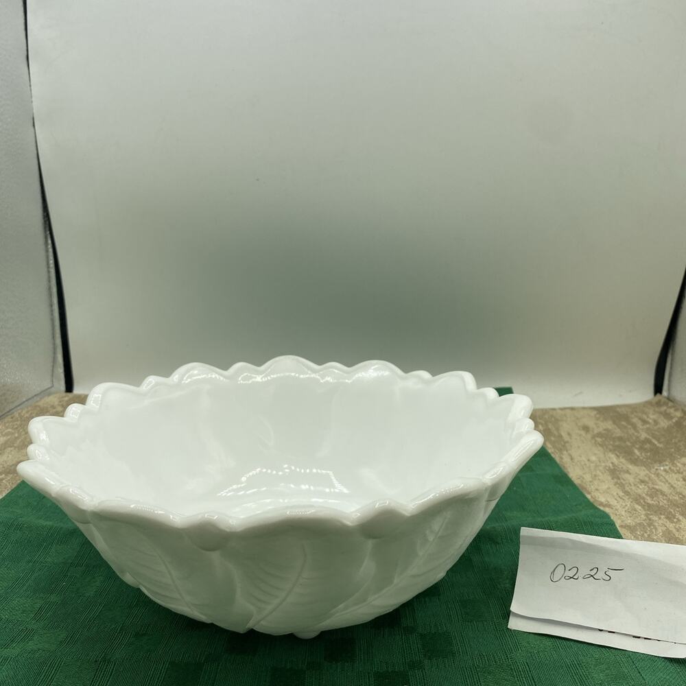 Indiana milk glass footed serving bowl leaf and flowers scalloped edge 9”D